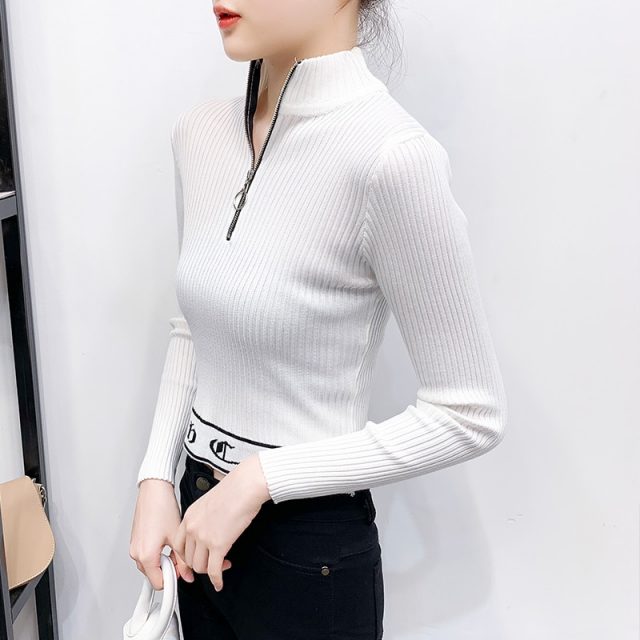 Sexy Turtleneck Zipper Sweaters Women Long Sleeve Girls Tops 2019 New Elegant Knitted Outerwear Short Pullovers Sweater BZY015