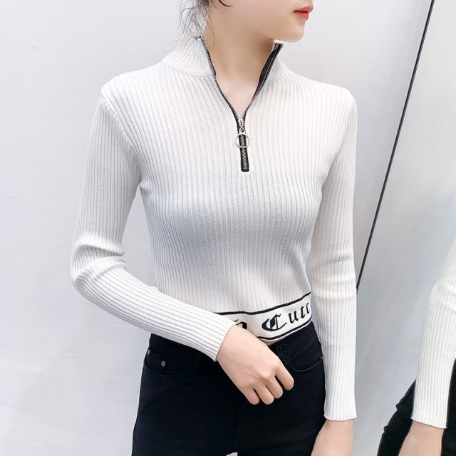 Sexy Turtleneck Zipper Sweaters Women Long Sleeve Girls Tops 2019 New Elegant Knitted Outerwear Short Pullovers Sweater BZY015