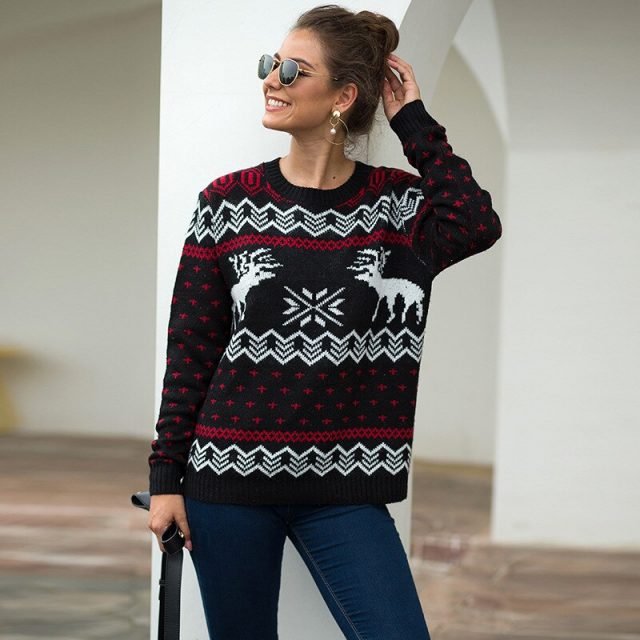 2019 Autumn Winter Christmas Sweater Women Deer Dot Print Knitted Jumper For Gift Casual Long Sleeve Warm Brief Pullovers BMY004