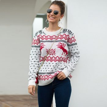 2019 Autumn Winter Christmas Sweater Women Deer Dot Print Knitted Jumper For Gift Casual Long Sleeve Warm Brief Pullovers BMY004