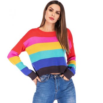 Rainbow Stripe Sweater Women Loose Warm 2019 New Autumn Winter Cashmere Knit Sweaters Female Pullover Tricot Jersey Tops SAY001