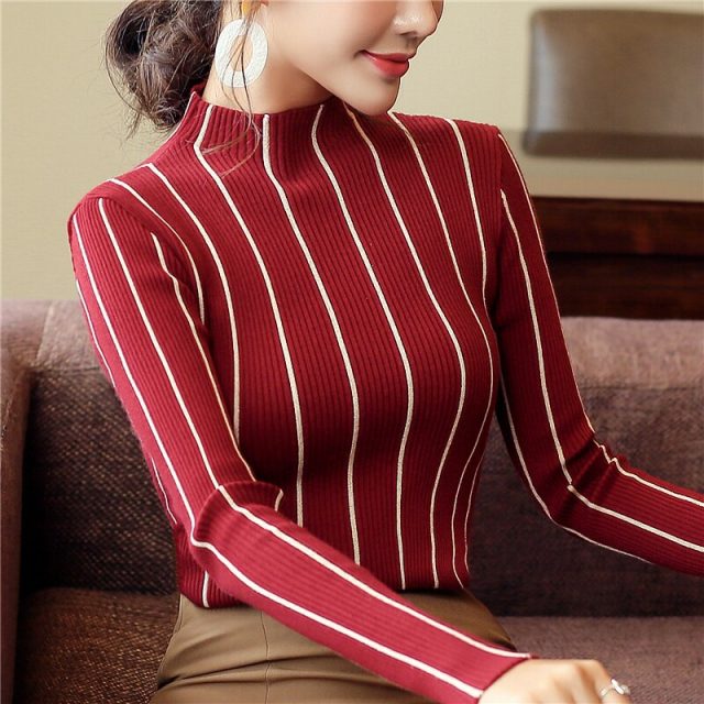 2019 Winter Thick Sweater Striped Turtleneck Pullover Women Red Korean Ladies Office Knitted Sweater Black Top Pull Femme ZX006