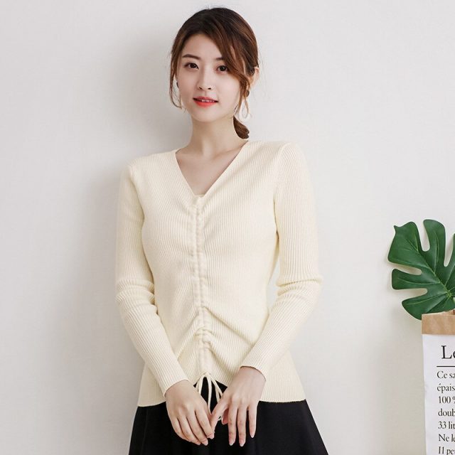 New Women Knitted Tops Lapel Drawstring Sweater Long Sleeve Elastic Tight-fitting Bottoming Solid Tops Autumn Clothes TRF001