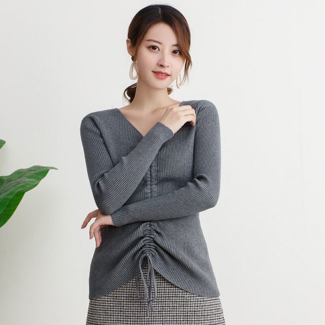 New Women Knitted Tops Lapel Drawstring Sweater Long Sleeve Elastic Tight-fitting Bottoming Solid Tops Autumn Clothes TRF001