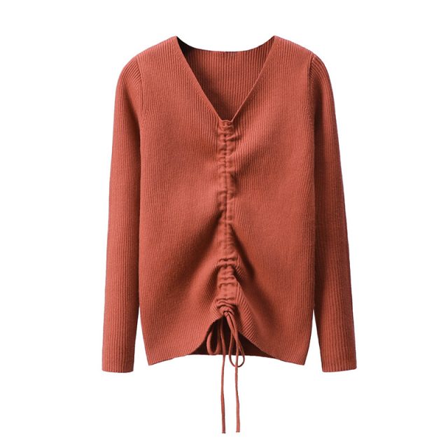 New Women Knitted Tops Lapel Drawstring Sweater Long Sleeve Elastic Tight-fitting Bottoming Solid Tops Autumn Clothes TRF001