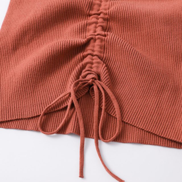 New Women Knitted Tops Lapel Drawstring Sweater Long Sleeve Elastic Tight-fitting Bottoming Solid Tops Autumn Clothes TRF001