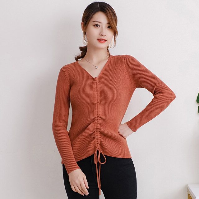 New Women Knitted Tops Lapel Drawstring Sweater Long Sleeve Elastic Tight-fitting Bottoming Solid Tops Autumn Clothes TRF001