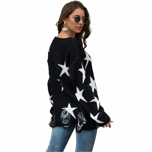 Autumn Girls Soft Brief Sweaters Fall Women Solid Casual O-Neck Stars Print Shoulder Pocket Knitted Sweater Knitwear Tops BMY010