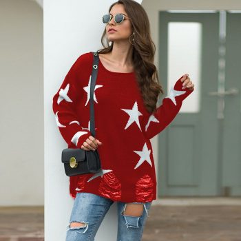 Autumn Girls Soft Brief Sweaters Fall Women Solid Casual O-Neck Stars Print Shoulder Pocket Knitted Sweater Knitwear Tops BMY010