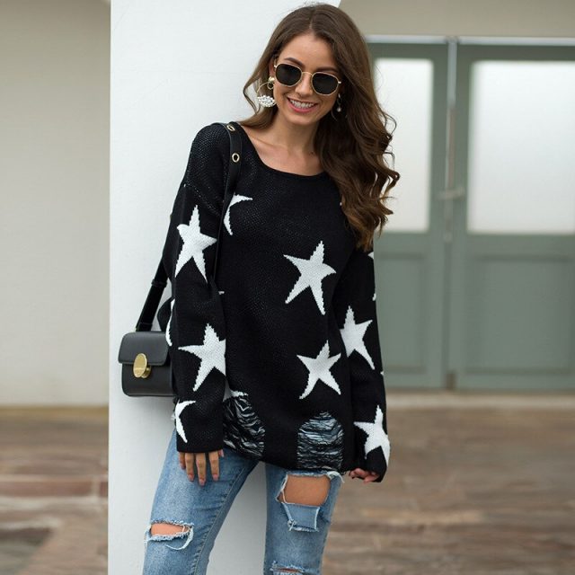 Autumn Girls Soft Brief Sweaters Fall Women Solid Casual O-Neck Stars Print Shoulder Pocket Knitted Sweater Knitwear Tops BMY010