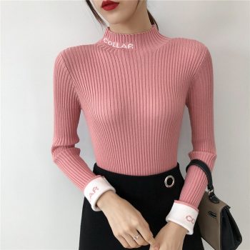 New Autumn Winter Women Ladies Long Sleeve Boat Neck Slim Knitted Sweet Sweater Top Femme Korean Pull Tight Shirts Jumper YB006