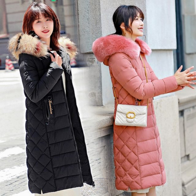 2019 Warm Puffer Jacket Woman Winter Parka Female Cotton Wadded Coat Plus Size Long Fur Collar Slim Outwear Snow Clothing Okd491
