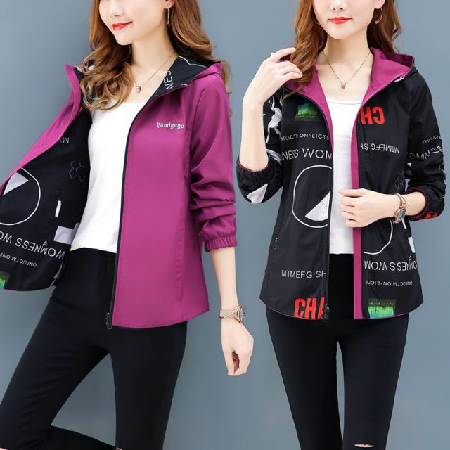 Women’s Hooded Printed jacket Summer Causal windbreaker Basic Coats Double sided Sweater Zipper Lightweight Jackets Famale 2XL