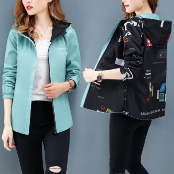 Women’s Hooded Printed jacket Summer Causal windbreaker Basic Coats Double sided Sweater Zipper Lightweight Jackets Famale 2XL