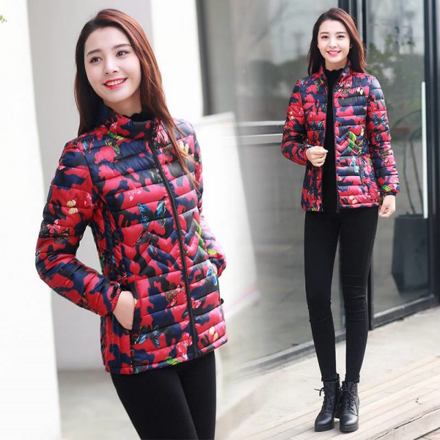 Mom’s printed Down Cottoun jacket Fashion streetwear plus size 5XL stand collar puffer Jacket Casual slim waist printed coat