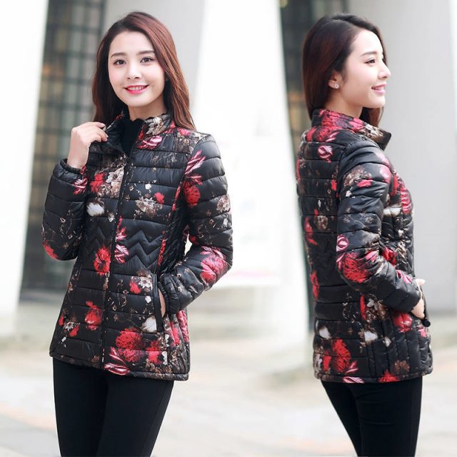 Mom’s printed Down Cottoun jacket Fashion streetwear plus size 5XL stand collar puffer Jacket Casual slim waist printed coat