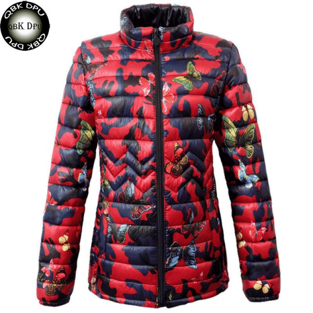 Mom’s printed Down Cottoun jacket Fashion streetwear plus size 5XL stand collar puffer Jacket Casual slim waist printed coat