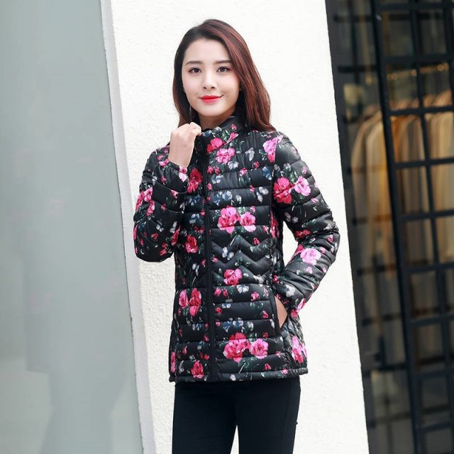 Mom’s printed Down Cottoun jacket Fashion streetwear plus size 5XL stand collar puffer Jacket Casual slim waist printed coat