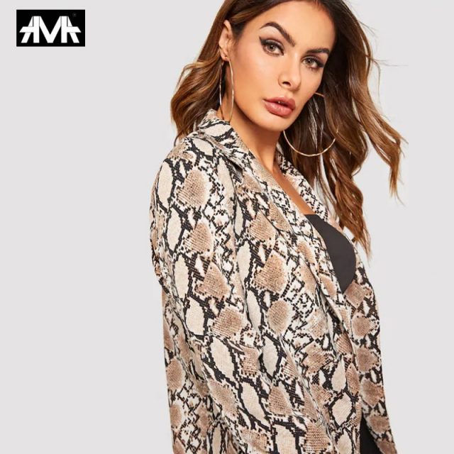 Women Snake Print Long Sleeve Suit Coat 2019 Biker Jacket Outwear Tops women’s suit top