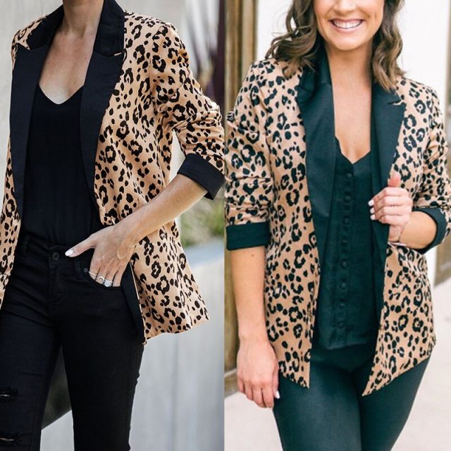 Ladies Formal Work Slim Outwear Tops Lapel Long Sleeve Leopard Print Blazer Suit