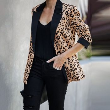 Ladies Formal Work Slim Outwear Tops Lapel Long Sleeve Leopard Print Blazer Suit