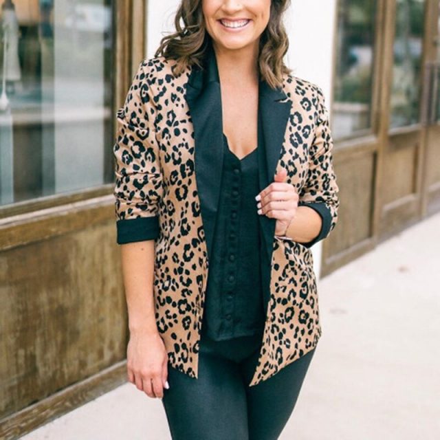 Ladies Formal Work Slim Outwear Tops Lapel Long Sleeve Leopard Print Blazer Suit