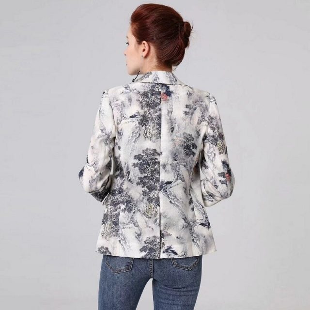 High Quality New 2019 Autumn Fashion Blazer & Suits Women Notched Collar Vintage Jacquard Print Single Button Coat Blazers