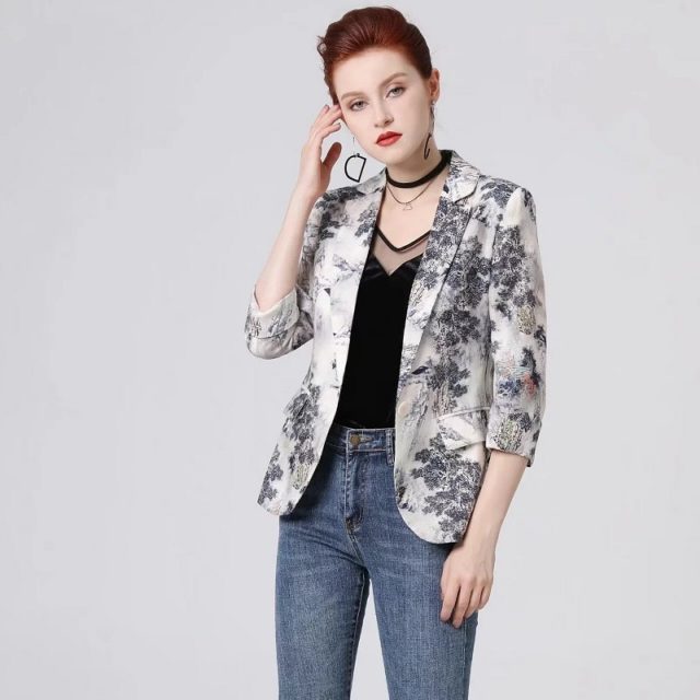 High Quality New 2019 Autumn Fashion Blazer & Suits Women Notched Collar Vintage Jacquard Print Single Button Coat Blazers