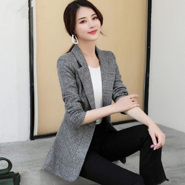PEONFLY Vintage Office Lady Notched Collar Plaid Women Blazer Single Button Autumn Jacket 2019 Casual Pockets Female Suits Coat