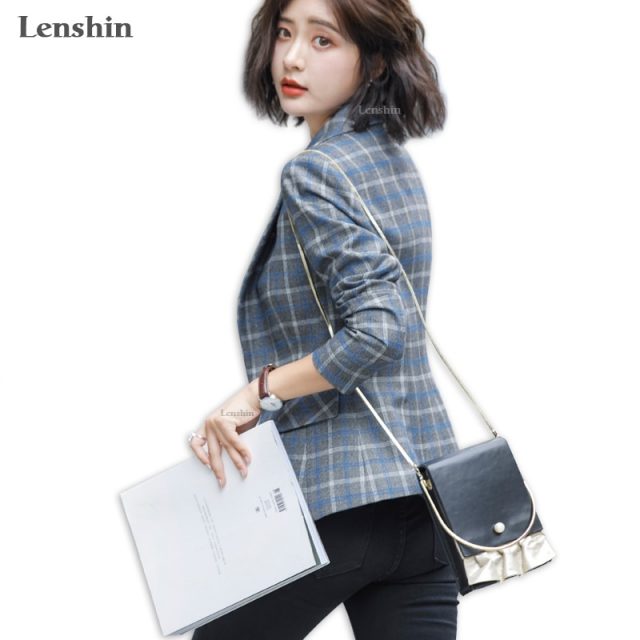 Lenshin Soft and Comfortable High-quality Plaid Jacket with Pocket Office Lady Casual Style Blazer Women Wear Single Button Coat
