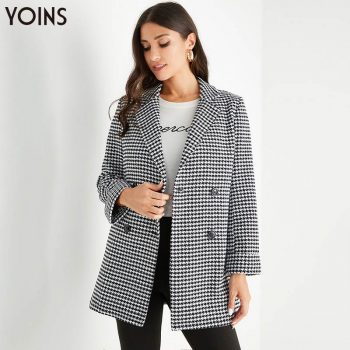 YOINS 2019 Autumn Winter Women Blazers Black Houndstooth Front Button Lapel Collar Long Sleeves Blazer OL Chic blazer feminino