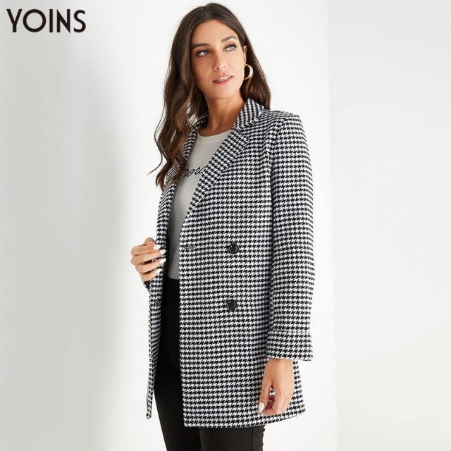 YOINS 2019 Autumn Winter Women Blazers Black Houndstooth Front Button Lapel Collar Long Sleeves Blazer OL Chic blazer feminino