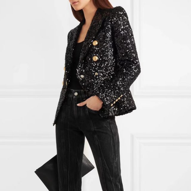 HIGH QUALITY New Fashion 2019 Designer Blazer Jacket Women’s Lion Buttons Double Breasted Shimmer Sequined Blazer