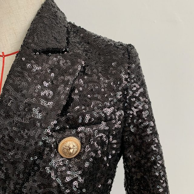 HIGH QUALITY New Fashion 2019 Designer Blazer Jacket Women’s Lion Buttons Double Breasted Shimmer Sequined Blazer
