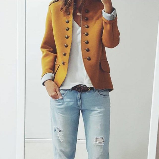 Chamsgend Retro Women’s Button Blazer Stand Collar Yellow Casual Bomber Jacket Outwear Banquet Pockets Coats Chaqueta De Sport
