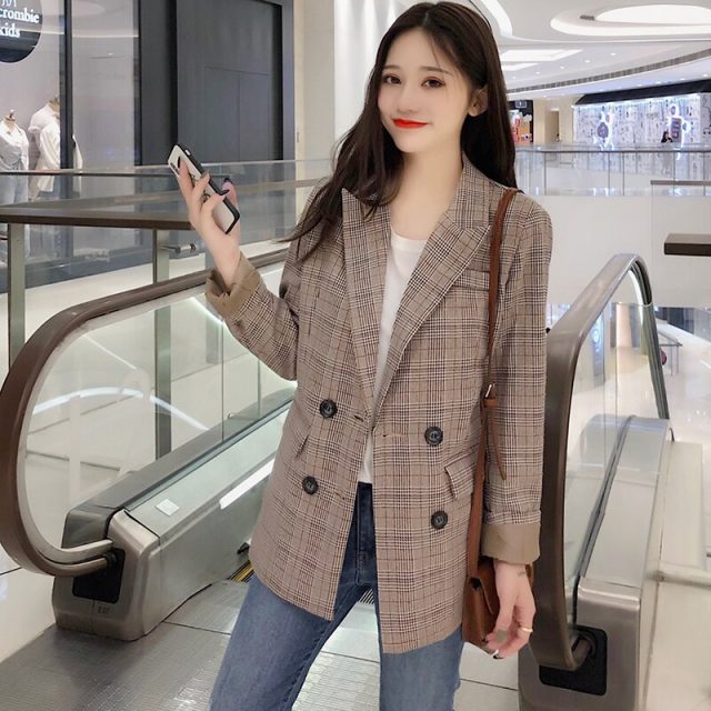Women Plaid Blazer Jacket 2019 Spring Autumn Fashion Female OL Casual Loose Double Breasted Suits Jackets Outwear Coat Plus Size