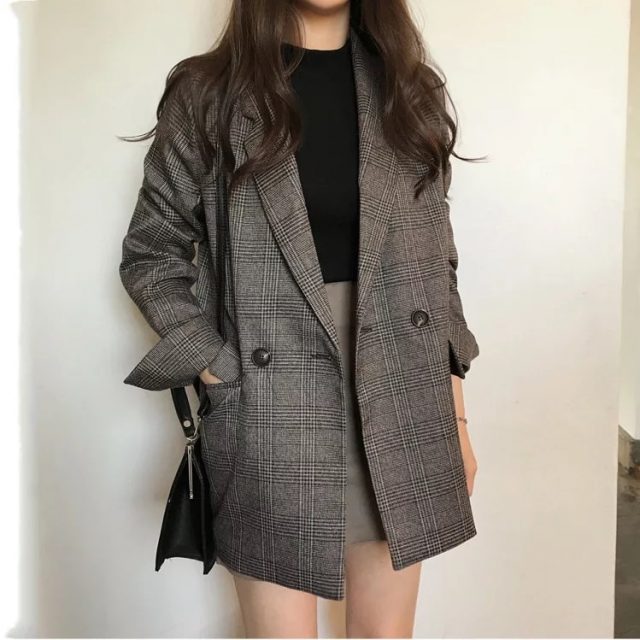 Women’s check long sleeve cotton jacket causual vintage coat plaid  blazer