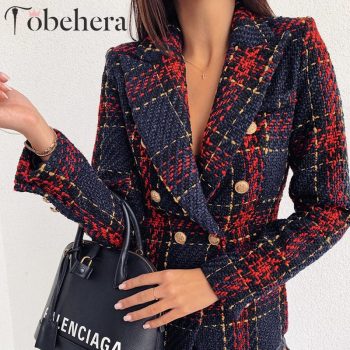 Glamaker Plaid tweed suit blazer Women gold buttons fashion warm winter blazer Female ladies elegant sexy american red blazer