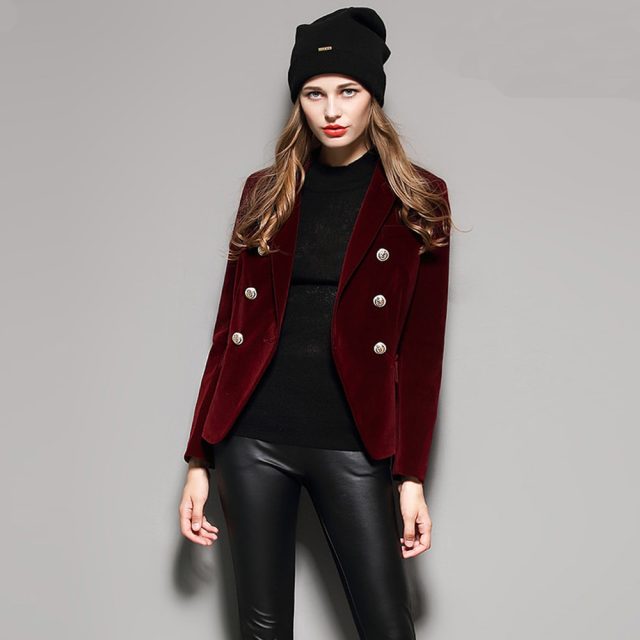KoHuiJoo 2019 Spring Autumn Women’s Blazers Long Sleeve Golden Button Slim Lady Velvet Jackets and Coats Black Wine Red M-2XL