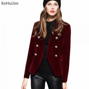KoHuiJoo 2019 Spring Autumn Women's Blazers Long Sleeve Golden Button Slim Lady Velvet Jackets and Coats Black Wine Red M-2XL