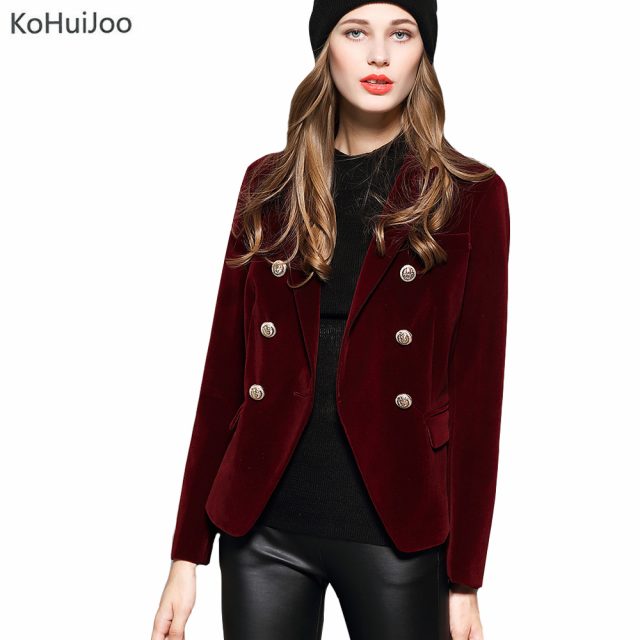KoHuiJoo 2019 Spring Autumn Women’s Blazers Long Sleeve Golden Button Slim Lady Velvet Jackets and Coats Black Wine Red M-2XL