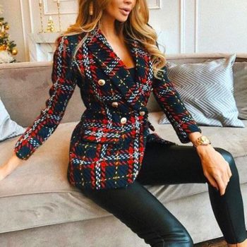 Red Plaid Blazer 2019 Women Spring-Autumn Vintage Tweed Suits Jackets Office Ladies Chic Slim Blazers Girls Tassel Tops Set Coat