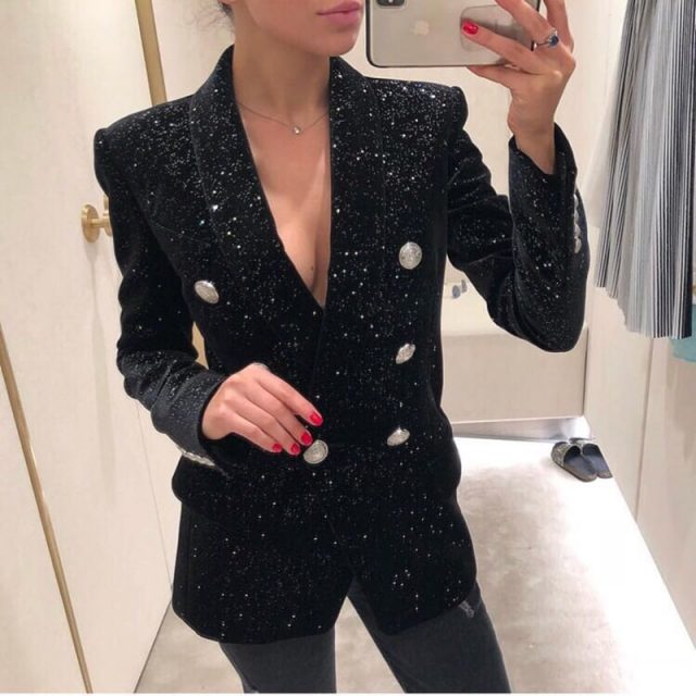 HIGH STREET Newest Baroque Fashion 2019 Designer Blazer Jacket Women’s Shawl Collar Bling Star Velvet Blazer Coat