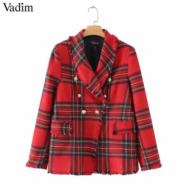 Vadim women plaid notched collar tweed blazer double breasted pockets tassel hem female loose casual outwear chic tops CA106