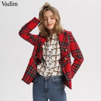 Vadim women plaid notched collar tweed blazer double breasted pockets tassel hem female loose casual outwear chic tops CA106