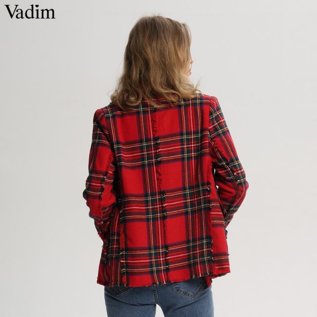 Vadim women plaid notched collar tweed blazer double breasted pockets tassel hem female loose casual outwear chic tops CA106