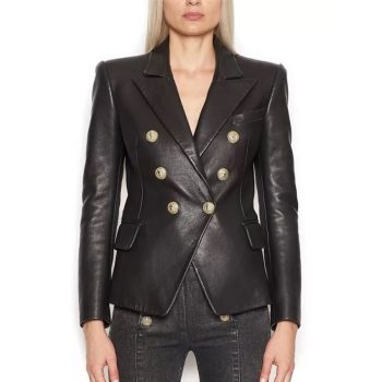 HIGH STREET Newest Baroque Fashion 2019 Designer Blazer Jacket Women's Lion Metal Buttons Faux Leather Blazer Outer Coat