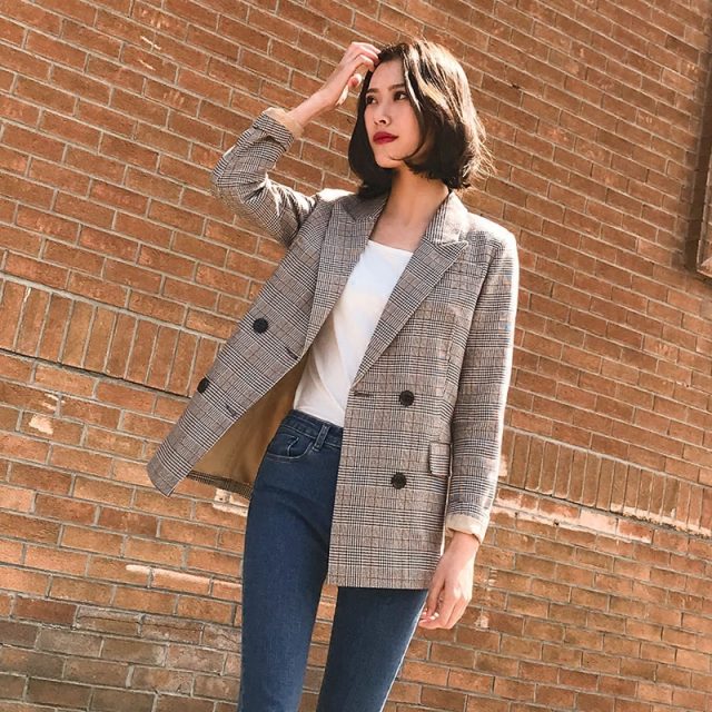 Vintage Notched Bouble Breasted Plaid Women Blazer Thicken Autumn Winter Jackets Female Retro Suits Coat 2018 Work high quality