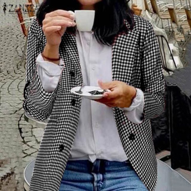 ZANZEA 2019 Fashion Women Plaid Check Blazer Casual Pockets Blazer Feminino Office Lady Blazers Lapel Buttons Chaqueta Mujer 7