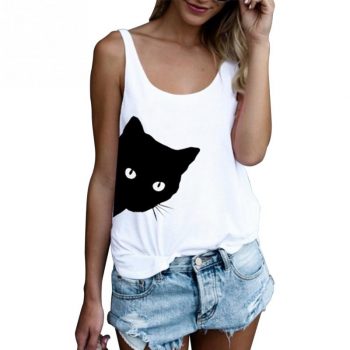 Summer Women Sleeveless T-shirts Casual Loose Tank Tops Ladies Cute Cat Print Round Neck Loose Camisole Autumn Bottoming Vest